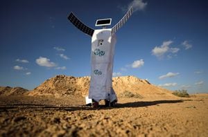 El ELU, un robot de control remoto que puede extraer agua del aire, inventado por Mahmoud El-Komy, un ingeniero de mecatrónica egipcio de 27 años, se muestra en el desierto de Borg Al Arab, Alejandría. REUTERS / Mohamed Abd El Ghany