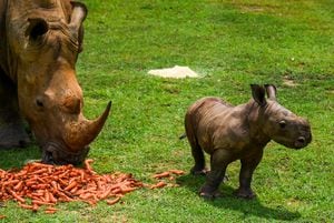 Una cría de rinoceronte blanco pasea con su madre por la pradera africana, en el Zoológico Nacional de Cuba en La Habana, el 23 de junio de 2022. - Ale, nació el pasado 9 de junio y pesaba unos 80 kilos. El rinoceronte blanco es una especie gravemente amenazada por la caza furtiva en África. (Foto de YAMIL LAGE / AFP)