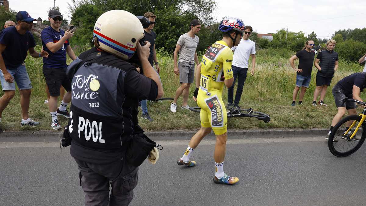 Cycling - Tour de France - Stage 5 - Lille Metropole to Arenberg Porte du Hainaut - France - July 6, 2022 Visma's Wout Van Aert after crashing REUTERS/Christian Hartmann