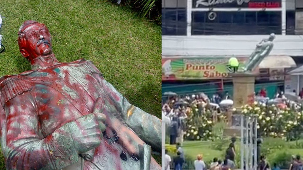Manifestantes derribaron la estatua de Francisco de Paula Santander en el centro de Popayán, Cauca.