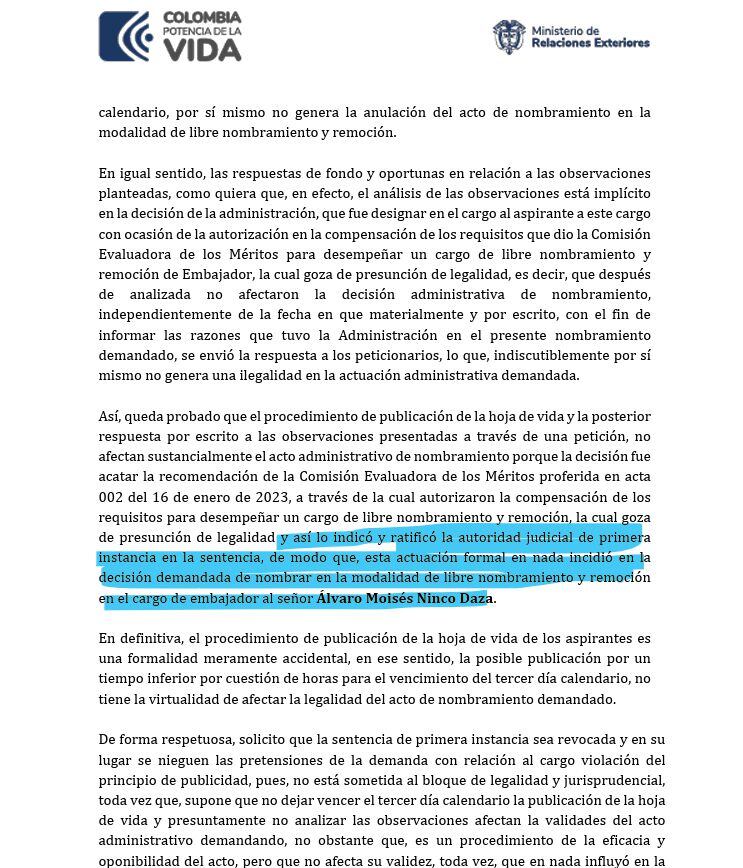 Concepto de la Cancillería en el proceso contra el embajador de Colombia en México, Moisés Ninco.
