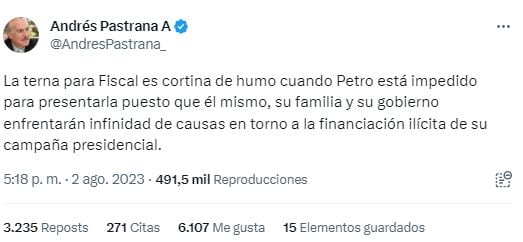 Trino del expresidente Andrés Pastrana sobre la terna para fiscal presentada por el presidente Gustavo Petro