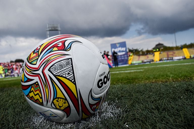 A close up of the BetPlay Dimayor official ball during the BetPlay Dimayor League match between Santa Fe Vs Equidad in the Techo Stadium in Bogota, Colombia on February 19, 2023. (Photo by: Cristian Bayona/Long Visual Press/Universal Images Group via Getty Images)