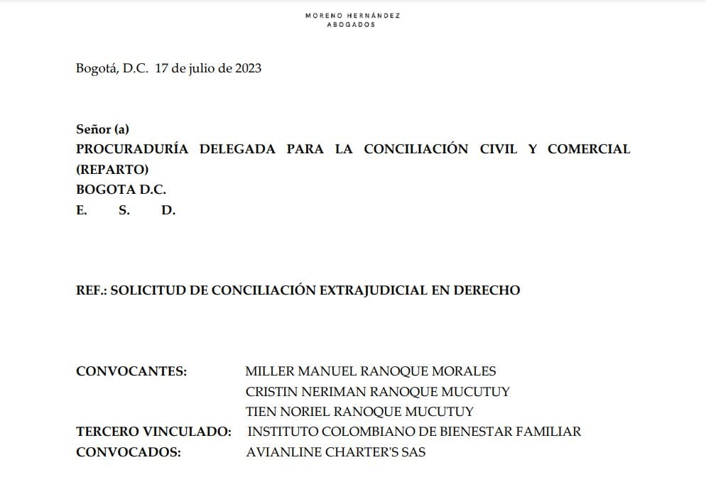 Documento con el que Manuel Ranoque pide conciliación con Avianline Charter’s SAS
