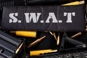 SWAT - Special weapons and tactics team weapon, ammunitions and equipment on black uniform background