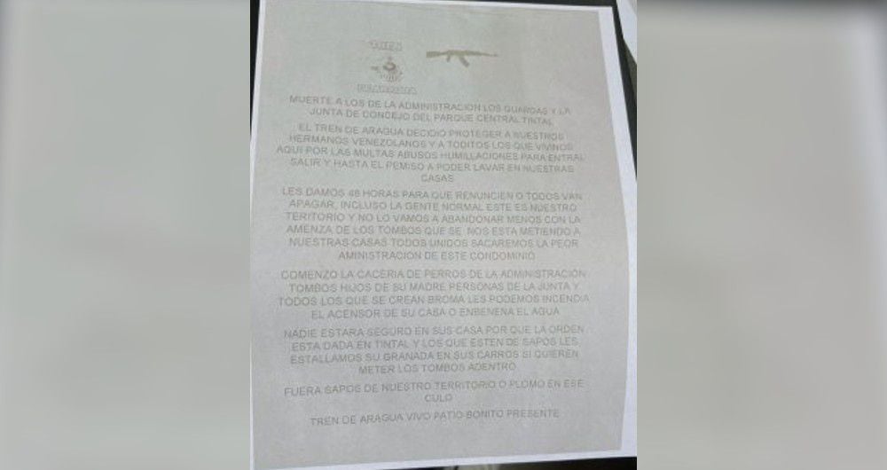 Con panfletos como este, el Tren de Aragua estaría amenazando de muerte a miembros de administraciones y consejos de administración de conjuntos residenciales en Kennedy.