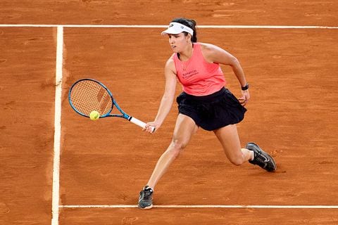 MADRID, SPAIN - APRIL 29: Camila Osorio of Colombia returns a ball against Aryna Sabalenka during their third round match on Day Six of the Mutua Madrid Open at La Caja Magica on April 29, 2023 in Madrid, Spain. (Photo by Mateo Villalba/Quality Sport Images/Getty Images)