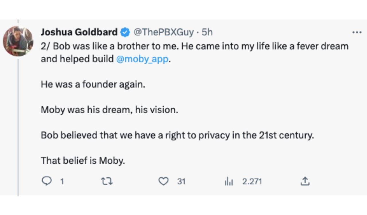 Joshua Goldbard, amigo de Bob Lee, publicó mensajes en Twitter tras conocer su deceso