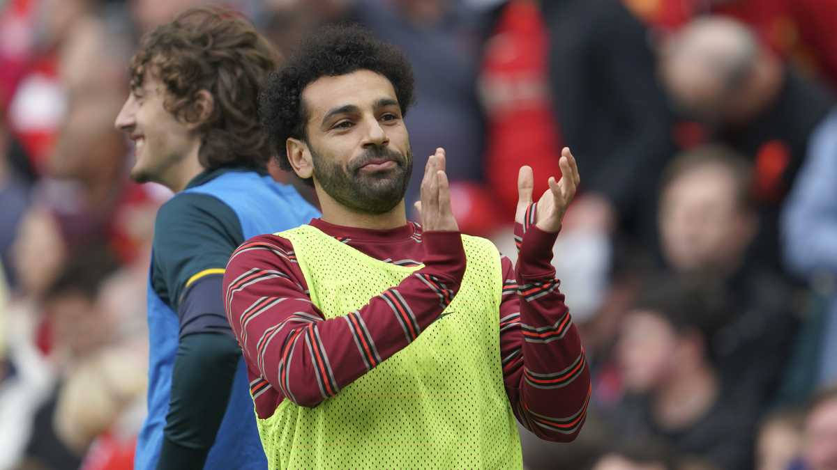 Liverpool's Mohamed Salah reacts during the Premier League soccer match between Liverpool and Wolverhampton at Anfield stadium in Liverpool, England, Sunday, May 22, 2022. (AP Photo/Jon Super)