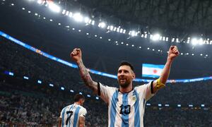 Soccer Football - FIFA World Cup Qatar 2022 - Semi Final - Argentina v Croatia - Lusail Stadium, Lusail, Qatar - December 13, 2022 Argentina's Lionel Messi celebrates their third goal scored by Julian Alvarez REUTERS/Molly Darlington