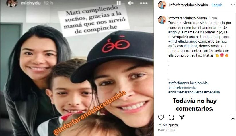 Al parecer, la esposa de Rigo, Michelle Durango, tiene una buena relación con Tatiana, la mamá del primero hijo del ciclista.