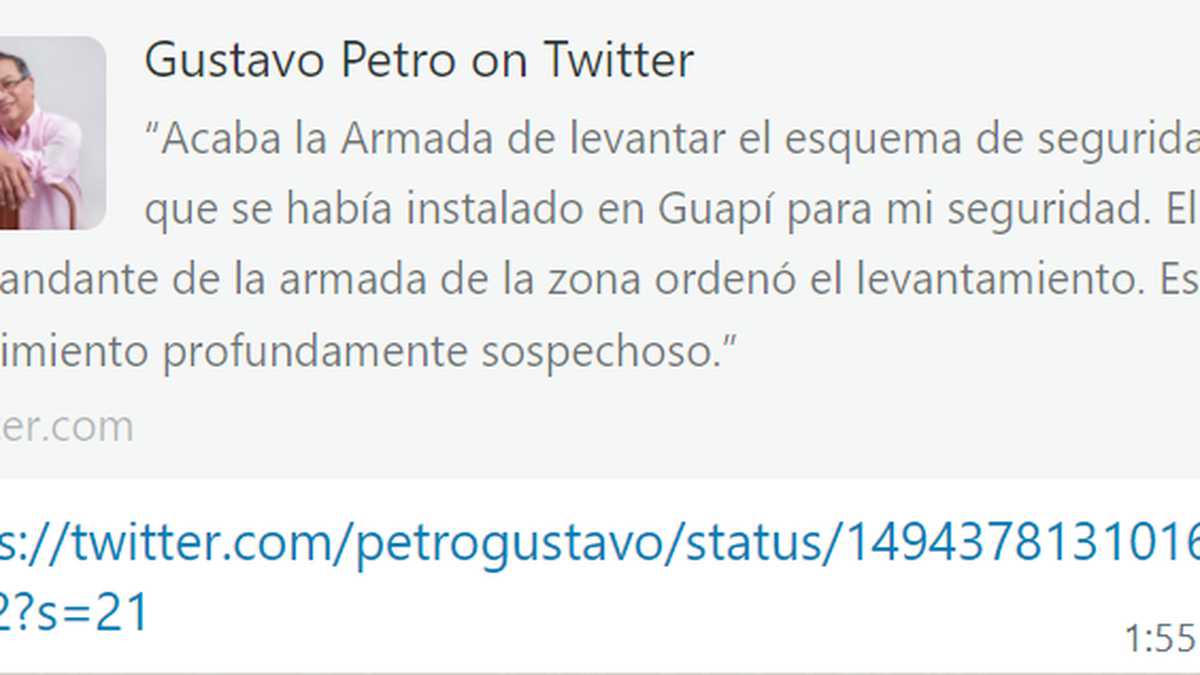 Gustavo Petro trinó denunciando que le habían quitado el esquema de seguridad en Cauca, pero minutos después borró la publicación.