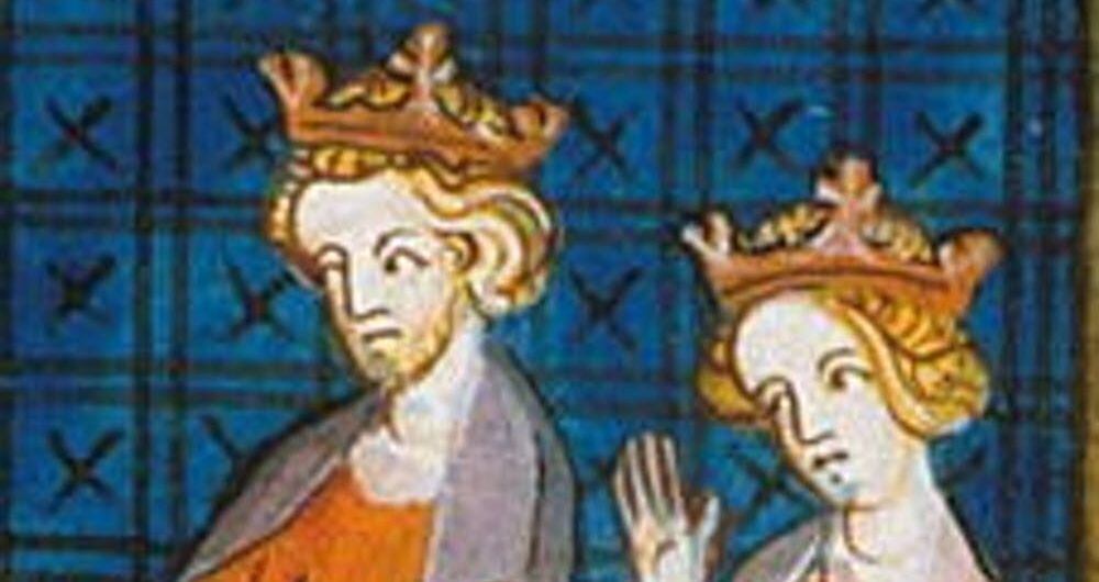 Representación de Enrique II y Leonor de Aquitania en un manuscrito iluminado del siglo XIV.