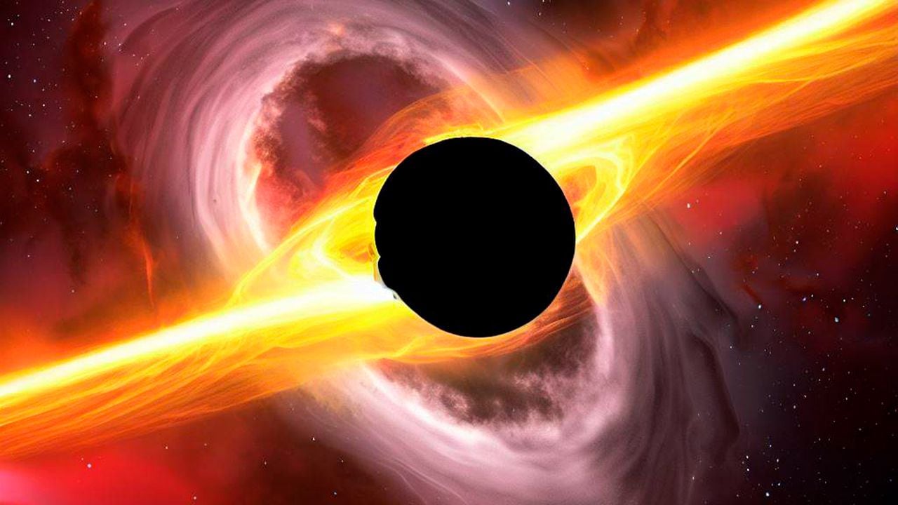 Ilustración generada con inteligencia artificial de una fusión de los agujeros negros.