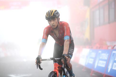 SAN MIGUEL DE AGUAYO, SPAIN - AUGUST 25: Santiago Buitrago Sanchez of Colombia and Team Bahrain Victorious crosses the finishing line during the 77th Tour of Spain 2022, Stage 6 a 181,2km stage from Bilbao to Ascensión al Pico Jano. San Miguel de Aguayo 1131m / #LaVuelta22 / #WorldTour /  on August 25, 2022 in Pico Jano. San Miguel de Aguayo, Spain. (Photo by Tim de Waele/Getty Images)