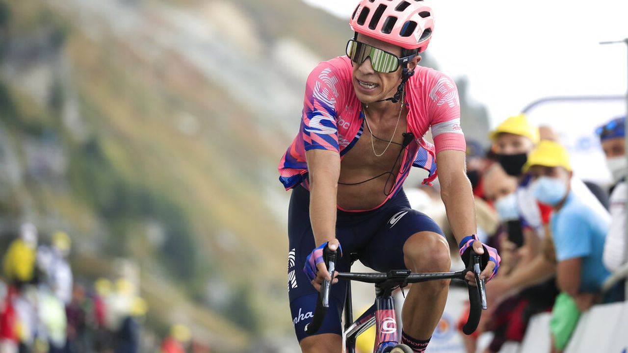 Colombia's Rigoberto Uran rides towards the finish line of stage 17 of the Tour de France cycling race over 107 kilometers (105.6 miles) from Grenoble to Meribel Col de la Loze, France, Wednesday, Sept. 16, 2020. (Christophe Petit-Tesson/Pool via AP)