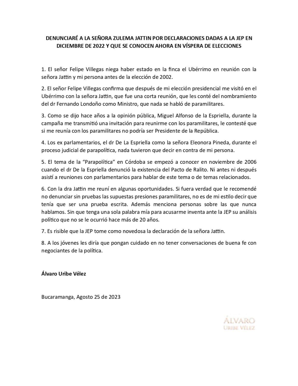 Álvaro Uribe anunció que denunciará a Zulema Jattin por señalamientos hechos ante la JEP.