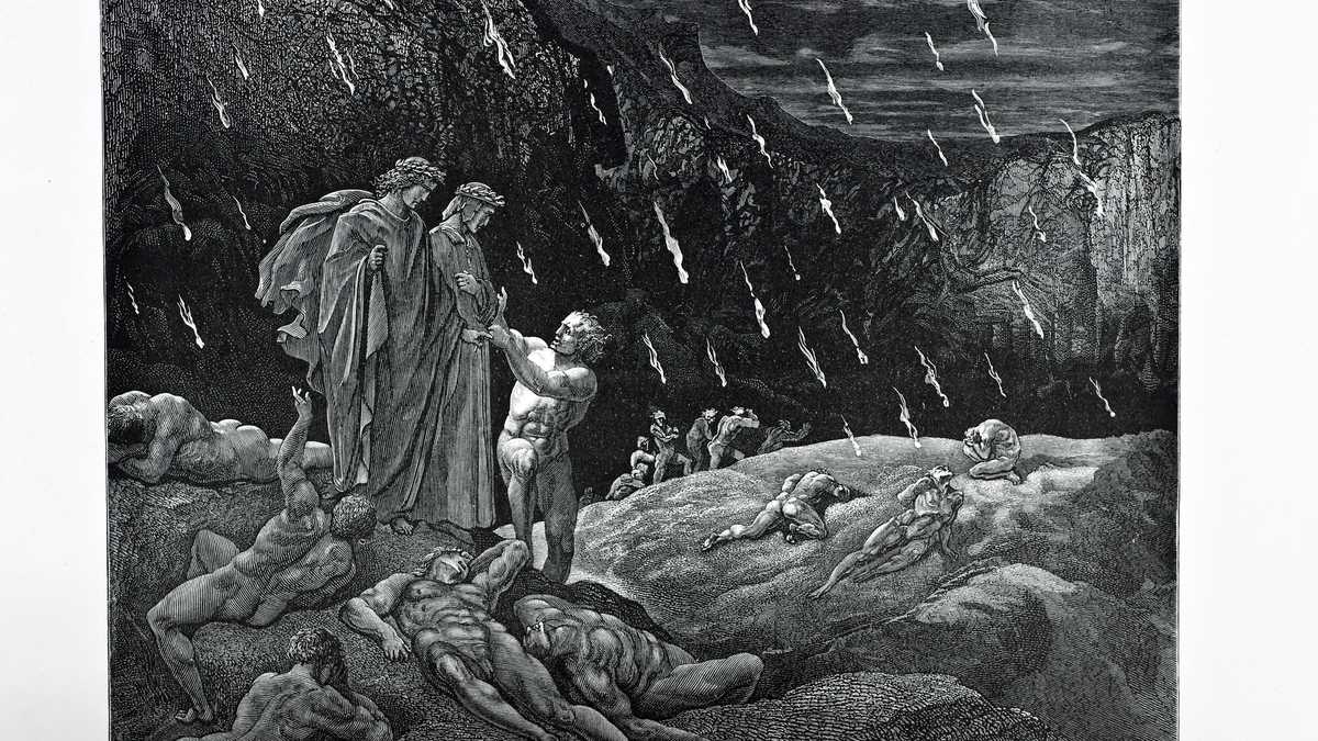 Una escena del infierno de Dante. Grabado de 1870. Grabado de Gustave Dore, Foto de D Walker-Getty Images