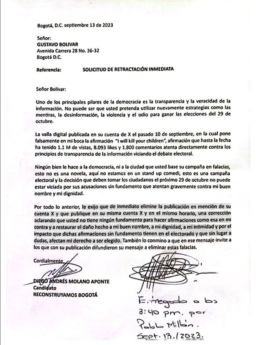 Carta de Diego Molano a Gustavo Bolívar.
