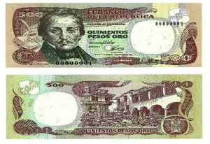 El billete de 500,  en su parte frontal, tenía impresa la imagen de Francisco de Paula Santander, en el reverso a la Casa de la Moneda, Bogotá.