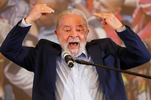 Former Brazilian President Luiz Inacio Lula da Silva speaks at the Metalworkers Union headquarters in Sao Bernardo do Campo, Sao Paulo state, Brazil, Wednesday, March 10, 2021, after a judge threw out both of his corruption convictions. (AP Photo/Andre Penner)