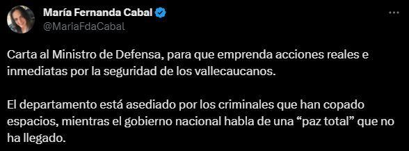 María Fernanda Cabal le hace un llamado al ministro de Defensa por la seguridad del Valle del Cauca.