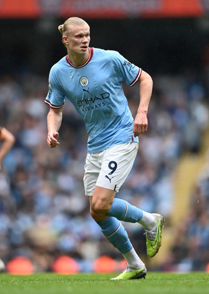 MANCHESTER, ENGLAND - MAY 06: Erling Braut Håland of Manchester City during the Premier League match between Manchester City and Leeds United at Etihad Stadium on May 06, 2023 in Manchester, England. (Photo by Gareth Copley/Getty Images)