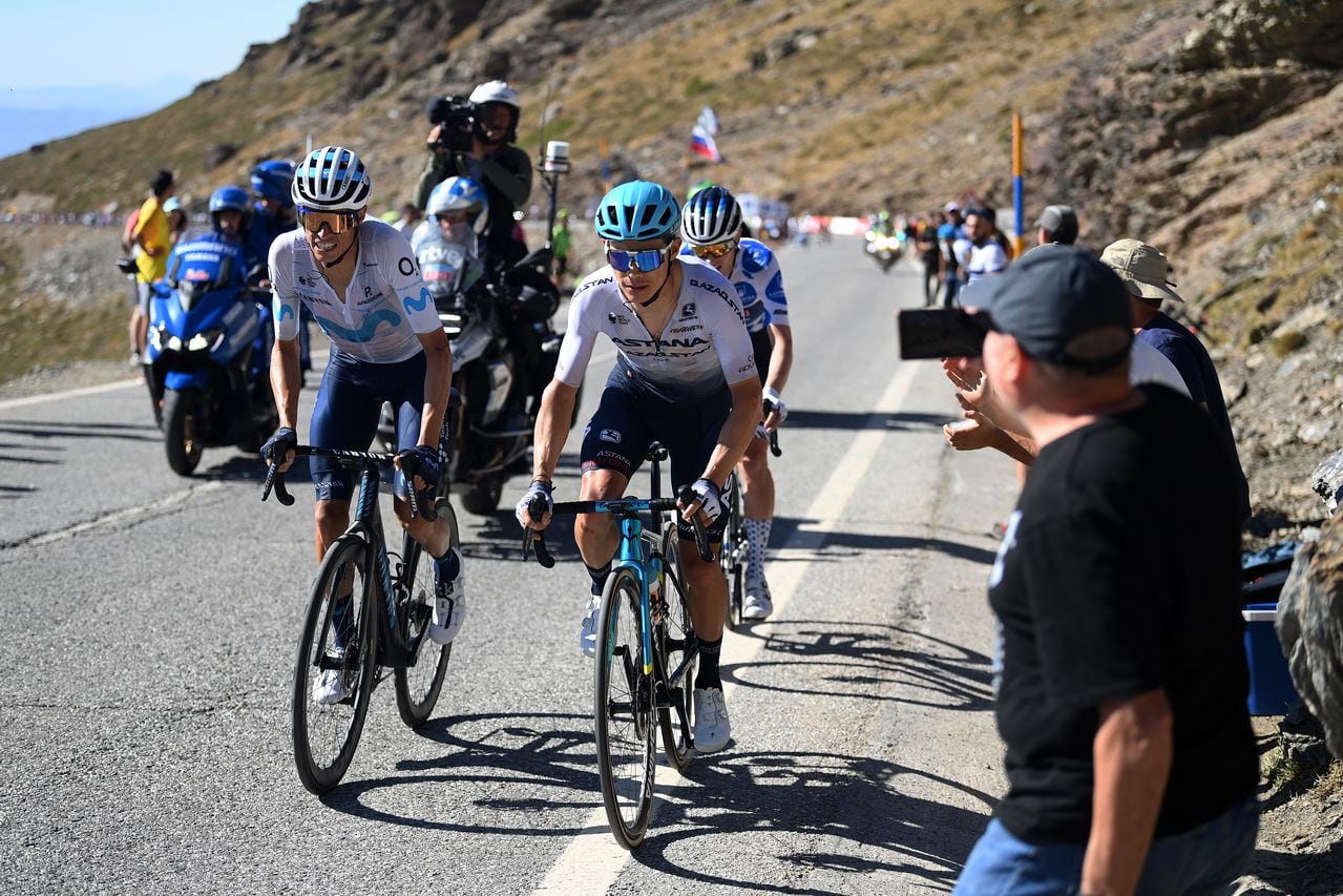 SIERRA NEVADA-GRANADA, SPAIN - SEPTEMBER 04: (L-R) Enric Mas Nicolau of Spain and Movistar Team, Miguel Ángel López Moreno of Colombia and Team Astana – Qazaqstan and Jay Vine of Australia and Team Alpecin-Deceuninck - Polka dot mountain jersey attack in the chase group during the 77th Tour of Spain 2022, Stage 15 a 152,6km stage from Martos to Sierra Nevada, Granada 2507m / #LaVuelta22 / #WorldTour / on September 04, 2022 in Sierra Nevada, Spain. (Photo by Justin Setterfield/Getty Images)