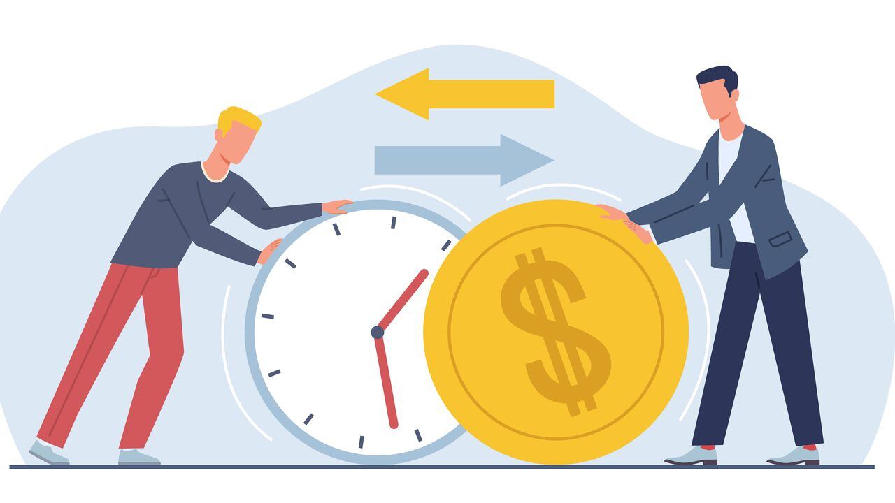 Exchanging time and effort for money and getting paid for work. Men hold huge clock and cold coin. Cost of hour metaphor. Working minutes. Cartoon flat style isolated illustration. Vector concept