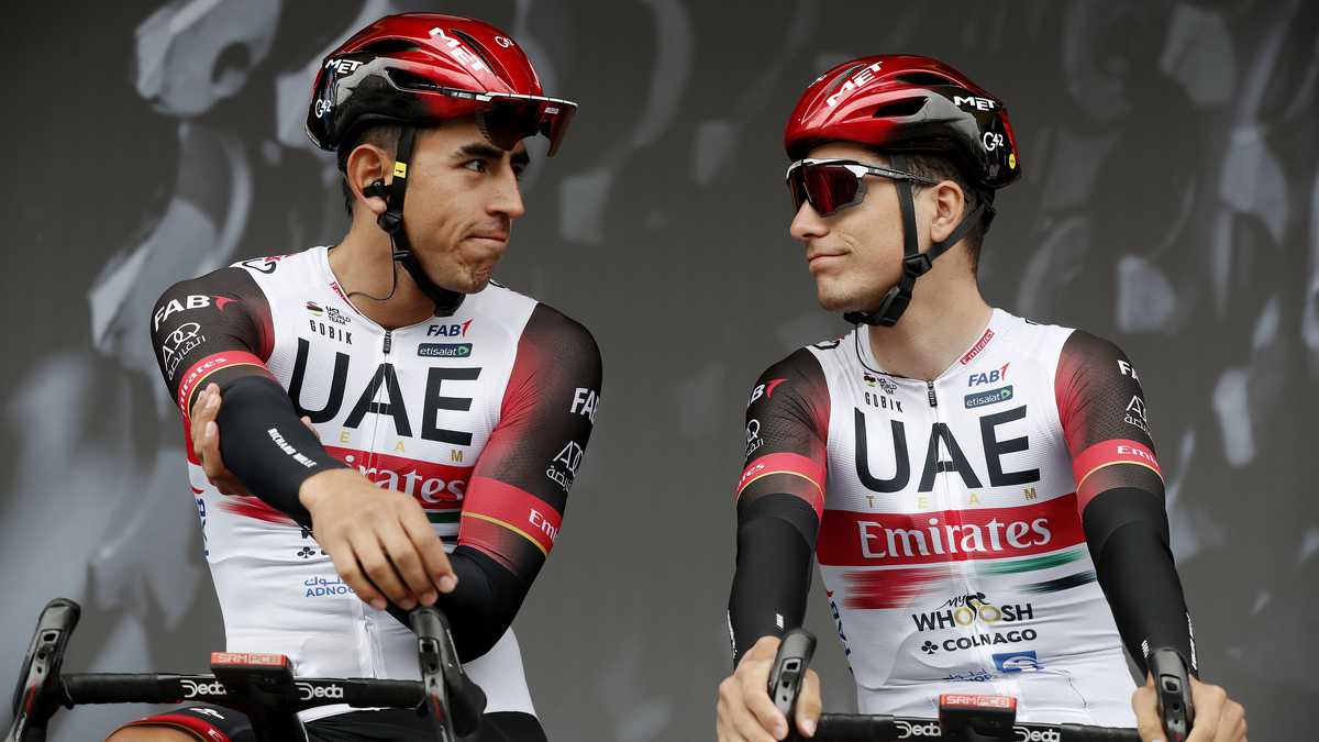 AUBAGNE, FRANCE - MARCH 11: (L-R) Juan Sebastián Molano Benavides of Colombia and João Almeida of Portugal and UAE Team Emirates during the team presentation prior to the 80th Paris - Nice 2022, Stage 6 a 213,6km stage from Courthézon to Aubagne / #ParisNice / #WorldTour / on March 11, 2022 in Aubagne, France. (Photo by Bas Czerwinski/Getty Images)