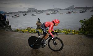 Colombia's Nairo Quintana passes the Little Mermaid statue by Edvard Eriksen during the first stage of the Tour de France cycling race, an individual time trial over 13.2 kilometers (8.2 miles) with start and finish in Copenhagen, Denmark, Friday, July 1, 2022. (AP/Daniel Cole)