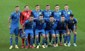 KYIV, UKRAINE - SEPTEMBER 4, 2021 - Players of Ukraine are pictured before the FIFA World Cup Qatar 2022 Qualification Round UEFA Group D match against France at the NSC Olimpiyskiy, Kyiv, capital of Ukraine. (Photo credit should read Hennadii Minchenko/ Ukrinform/Future Publishing via Getty Images)