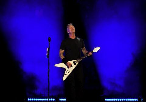 LAS VEGAS, NEVADA - FEBRUARY 25:  Frontman James Hetfield of Metallica performs at Allegiant Stadium on February 25, 2022 in Las Vegas, Nevada.  (Photo by Ethan Miller/Getty Images)