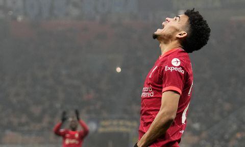 Liverpool's Luis Diaz reacts after a missed scoring opportunity during the Champions League, round of 16, first leg soccer match between Inter Milan and Liverpool at the San Siro stadium in Milan, Italy, Wednesday, Feb. 16, 2022. (AP/Antonio Calanni)