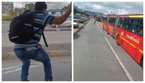 Hombre lanzándose de un bus de TransMilenio en movimiento.