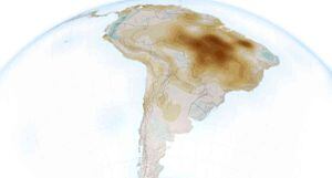 Un mapa de América del Sur que muestra el déficit de presión de vapor. Las áreas más oscuras presentan un déficit mayor. Imagen de Joshua Stevens con datos de Barkhordarian, A., et al. (2019).