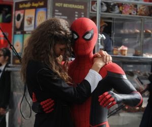 NEW YORK, NY - OCTOBER 12:  Tom Holland and Zendaya on the set of "Spiderman: Far From Home" on October 12, 2018 in New York City.  (Photo by Bobby Bank/GC Images)