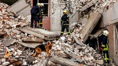 Un perro sobre los escombros y rescatistas trabajan en el sitio de un edificio destruido en ataque con misiles rusos, en medio de los ataques de Rusia contra Ucrania, en Chernihiv, el 17 de abril de 2024.