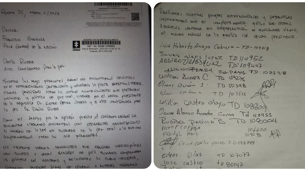 Esta es la carta que varios internos de La Picota le hicieron llegar al fiscal Francisco Barbosa.