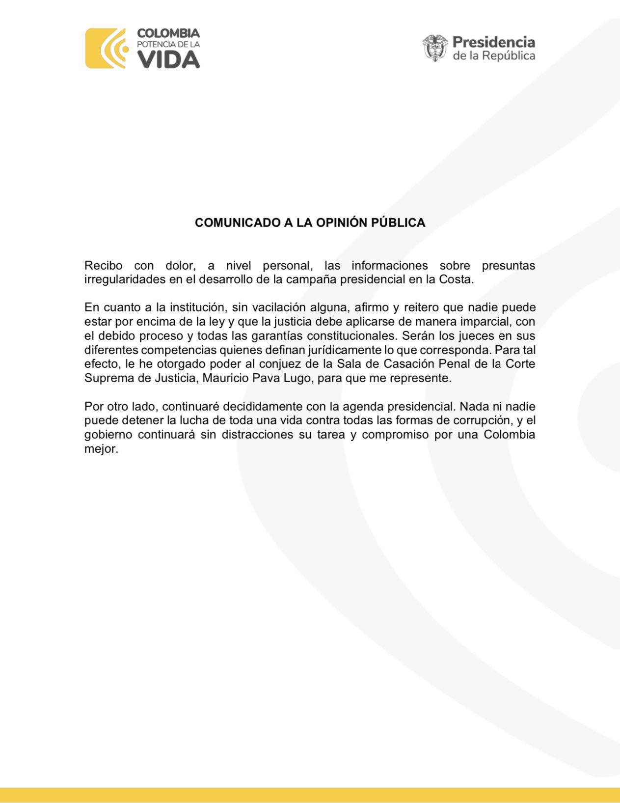Comunicado del presidente Gustavo Petro.