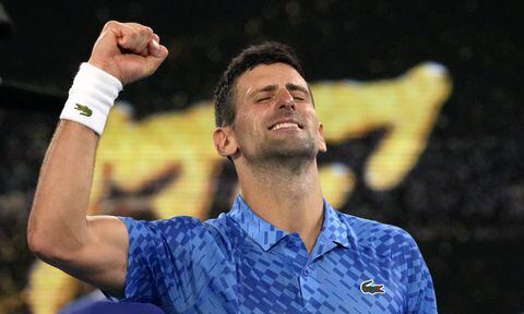 Novak Djokovic of Serbia celebrates after defeating Tommy Paul of the U.S. in their semifinal at the Australian Open tennis championship in Melbourne, Australia, Friday, Jan. 27, 2023. (AP/Aaron Favila)