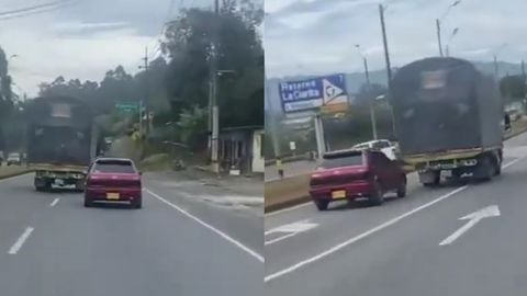 Los conductores de un camión y un automóvil protagonizaron peligrosas maniobras en vías de Antioquia.