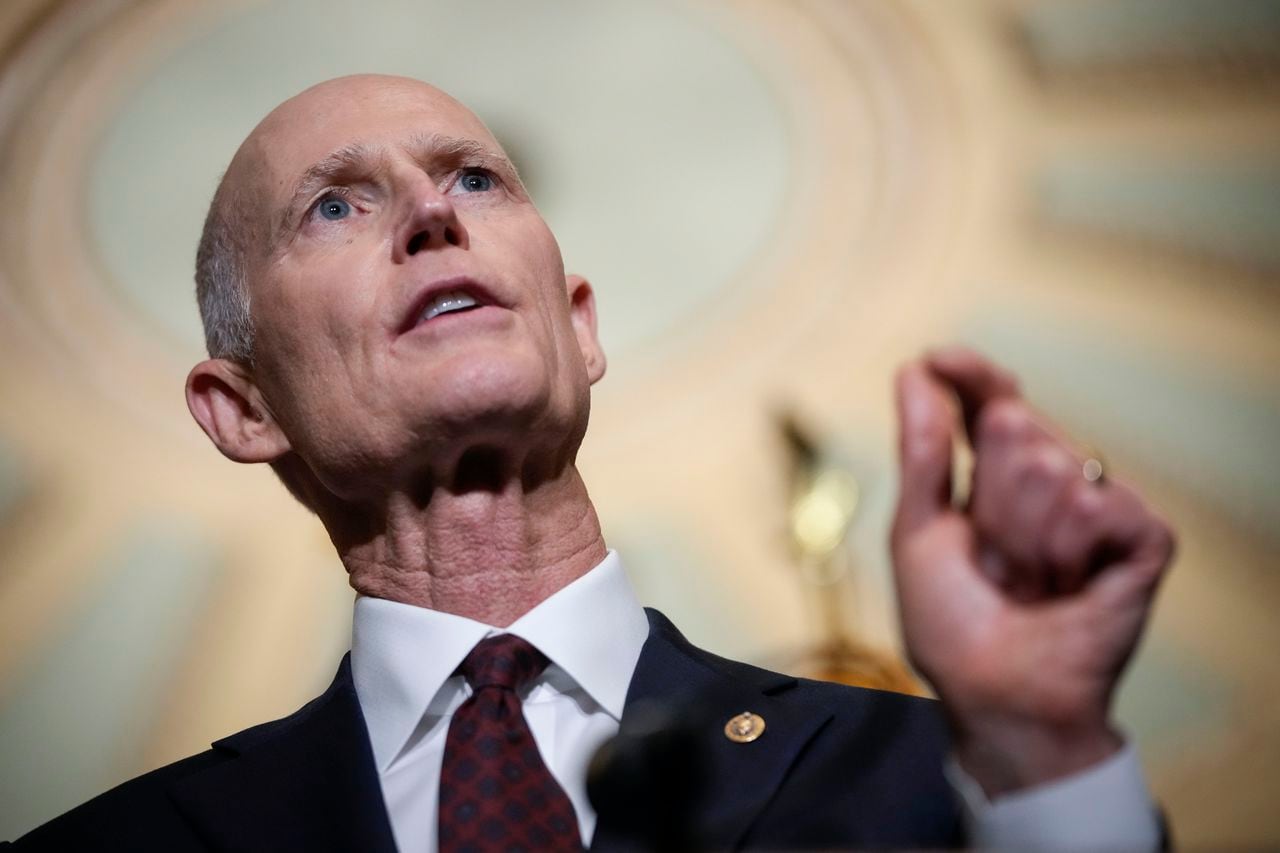 WASHINGTON, DC - MAY 17: Sen. Rick Scott (R-FL) speaks during a news conference after a closed-door lunch with Senate Republicans at the U.S. Capitol on May 17, 2022 in Washington, DC. Over the weekend, Senate Minority Leader Mitch McConnell led a group of Republicans Senators on a trip to Kyiv to meet with Ukrainian President Volodymyr Zelenskyy. (Photo by Drew Angerer/Getty Images)