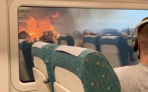 Pasajeros del tren rodeados por un incendio en España.