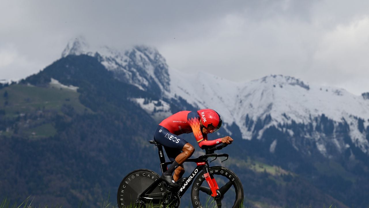 PORT-VALAIS, SWITZERLAND - APRIL 25: Egan Bernal of Colombia and Team INEOS Grenadiers sprints during the 76th Tour De Romandie 2023, Prologue a 6.82km stage from Port-Valais to Port-Valais / #UCIWT / on April 25, 2023 in Port-Valais, Switzerland. (Photo by Dario Belingheri/Getty Images)
