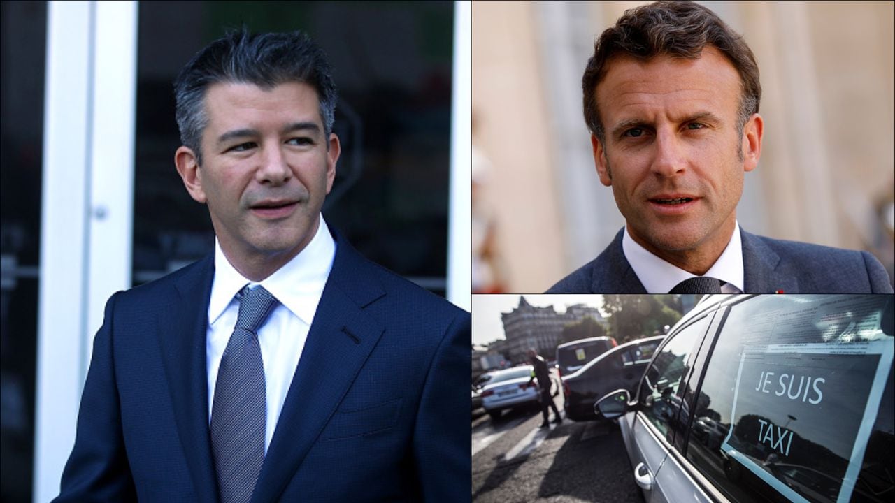 En la imagen: Travis Kalanick, cofundador de Uber; Emmanuel Macron, presidente de Francia; foto correspondiente a las protestas de taxistas en París durante 2015, en contra de Uber.