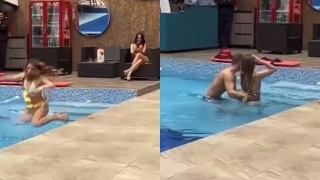 Mujer cae a una piscina en medio de una pasarela
