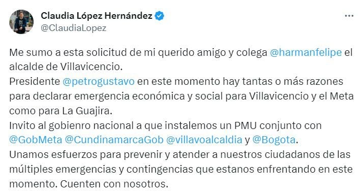La alcaldesa Mayor de Bogotá, le solicitó al presidente la instalación de un PMU para atender las recientes emergencias por las que atravesó Villavicencio.