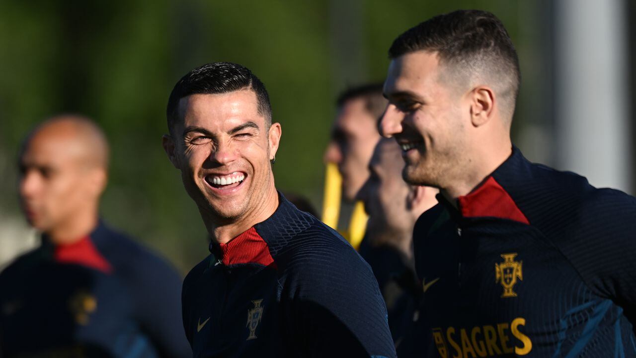 OEIRAS, PORTUGAL - MARCH 21: Cristiano Ronaldo of Portugal reacts during a training session prior to the Portugal and Liechtenstein European Qualifier match at the Cidade do Futebol on March 21, 2023 in Oeiras, Portugal. (Photo by Zed Jameson/MB Media/Getty Images)