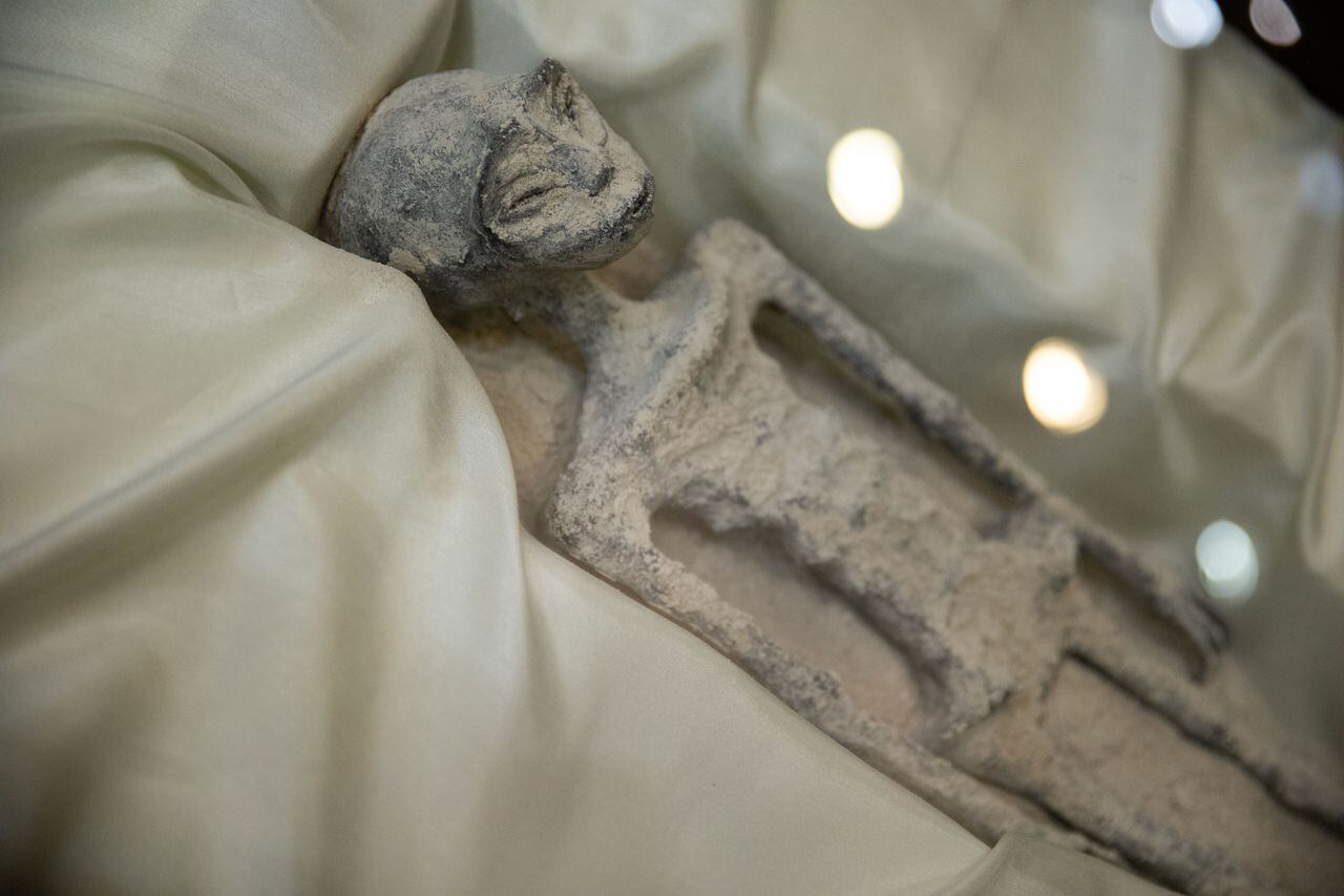 Los cuerpos exhibidos en las vitrinas, tienen tres dedos en cada mano y fueron recuperados en Perú en 2017, no tienen relación con seres humanos, dijeron expertos.
